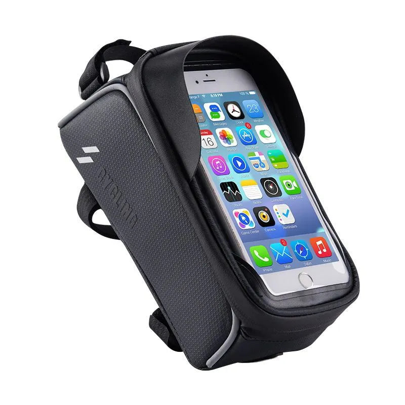 Black 1L handlebar crossbeam bag with TPU touch film window and Velcro straps, shown on a bicycle frame
