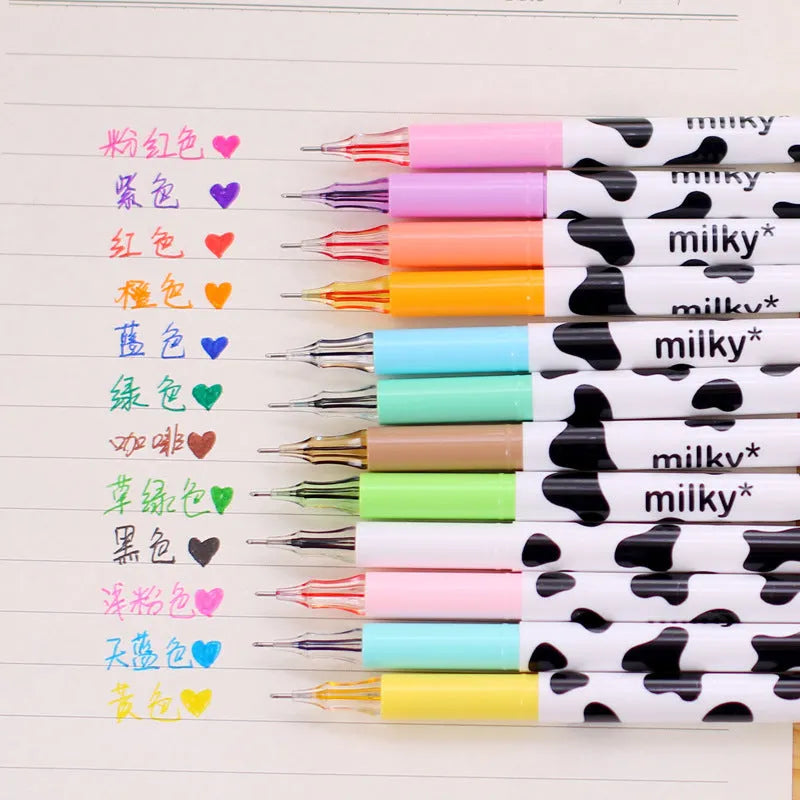 Box of 12 multi-colour cow design gel pens with 0.38 mm fine tips.