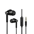Black and white in-ear earphones with a subwoofer for computer and mobile phone use.