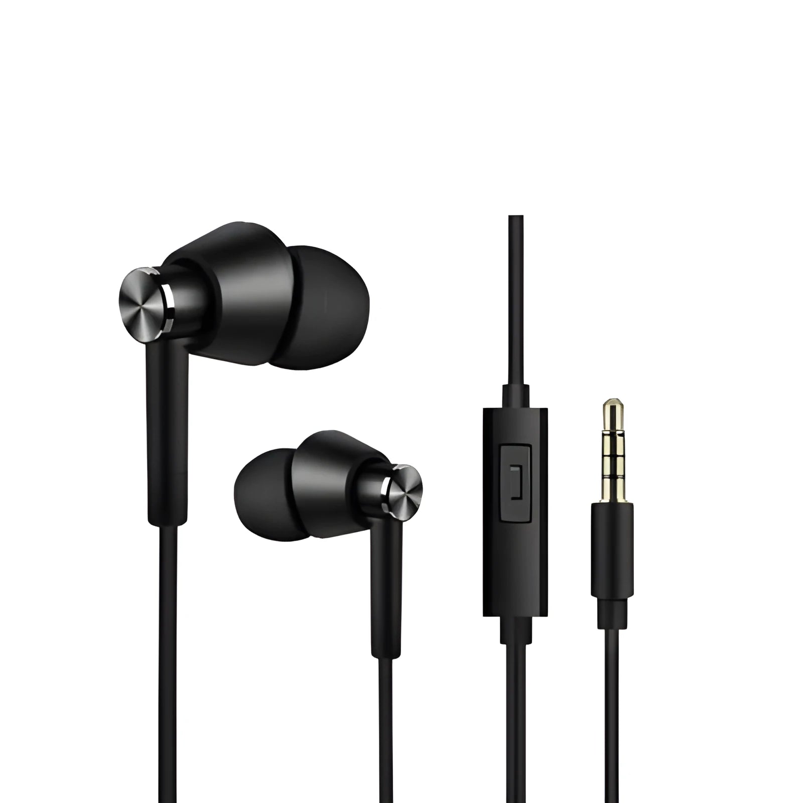 Black and white in-ear earphones with a subwoofer for computer and mobile phone use.