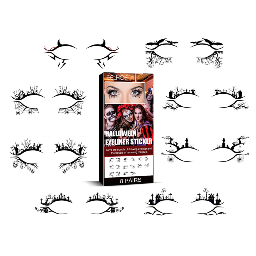 Set of eight pairs of bat and spider decorative eyeliner stickers for makeup application