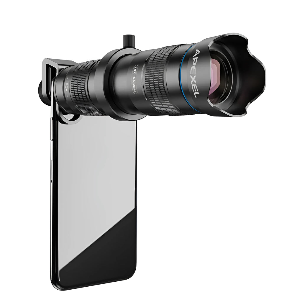 APEXEL 28 times telephoto lens black aluminium alloy with lens cap on table beside smartphone