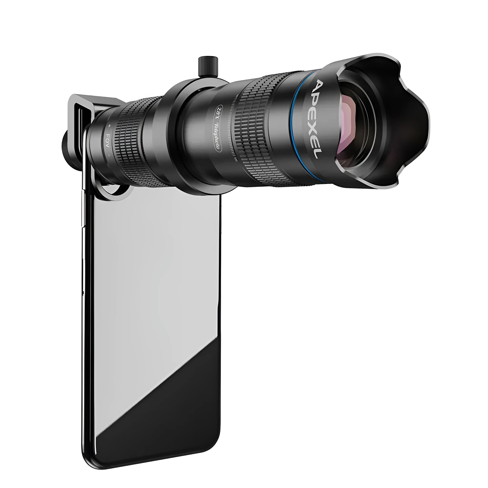 APEXEL 28 times telephoto lens black aluminium alloy with lens cap on table beside smartphone
