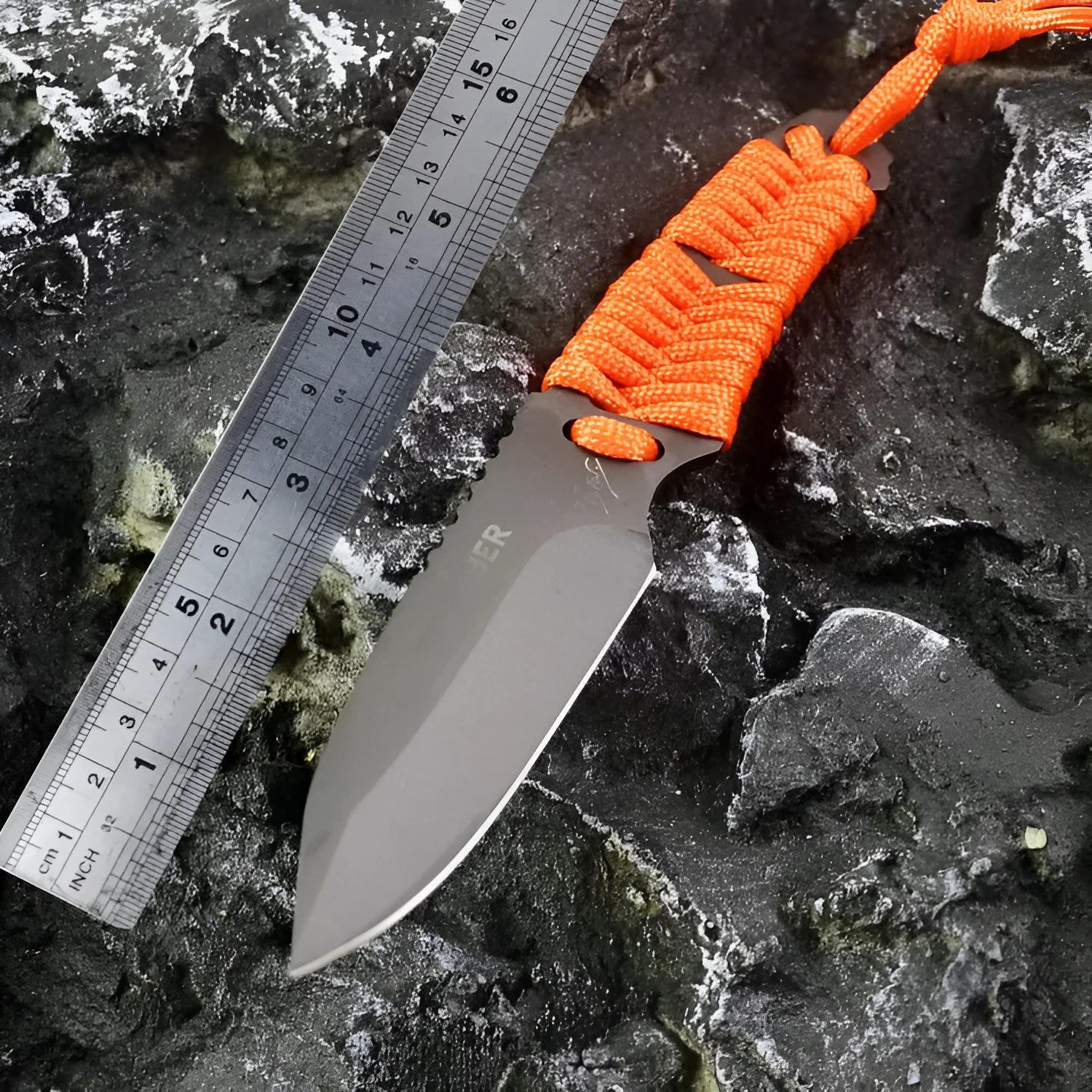 Straight blade camping knife with rope handle and ABS plastic sheath