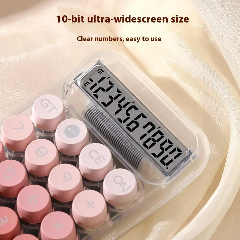 Gradient colour mechanical keyboard calculator with LCD screen on ABS plastic casing.