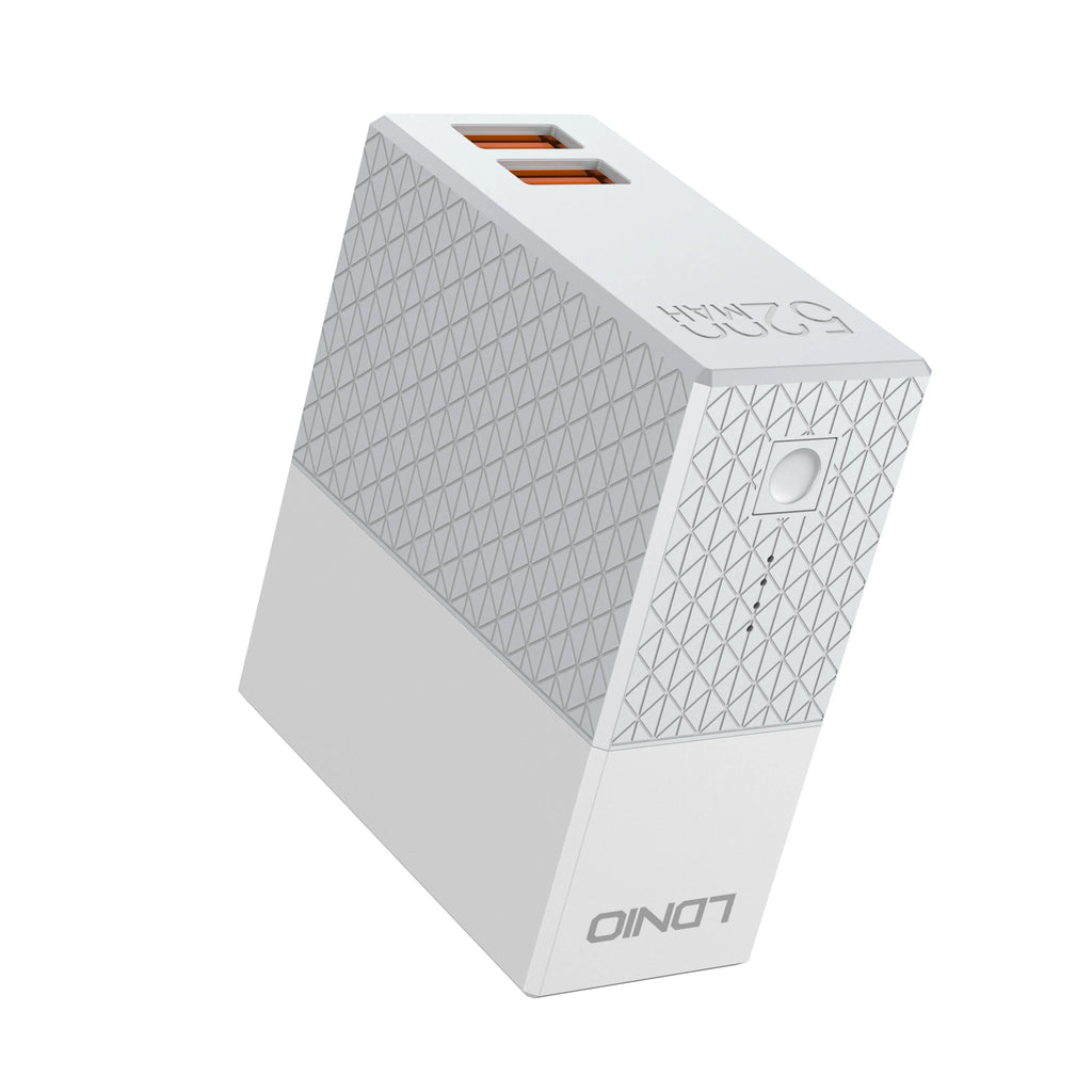 White two-in-one mobile power bank charger with built-in UK, EU, and US plug pins