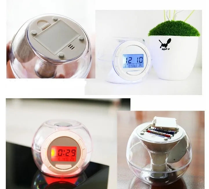 White colourful natural sound alarm clock with large LCD display showing time and temperature, featuring 6 nature sounds and 7 colour cycle night light