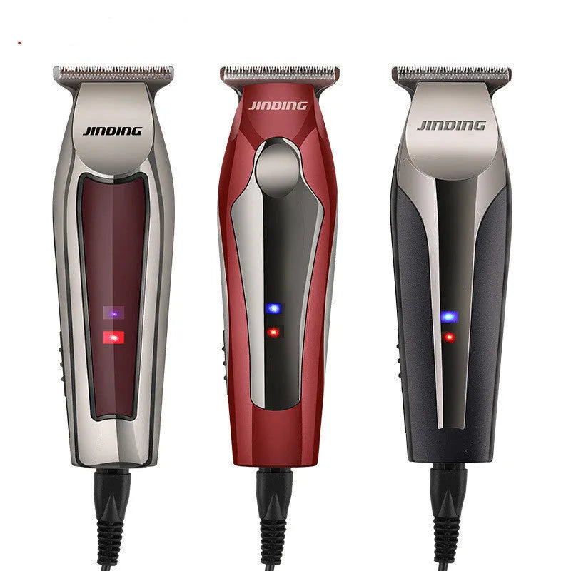 Electric hair clipper with T-design blade, USB rechargeable, two speed settings, LED indicator, available in black, red and wine red.