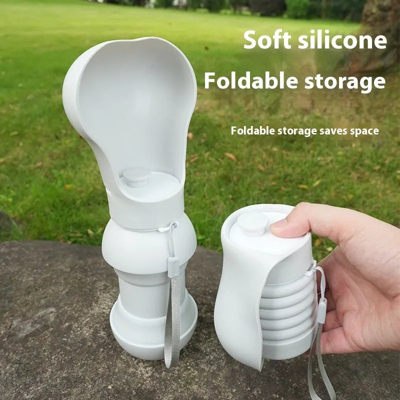 Silicone folding pet drinking cup shown collapsed and expanded for dog or cat use outdoors