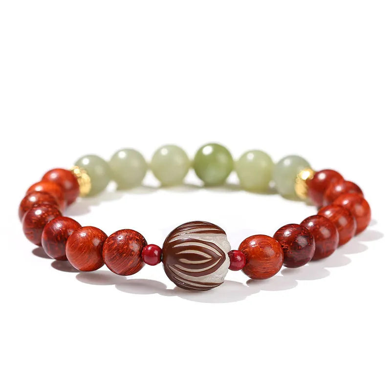 Red rosewood and grey jade Chinese style bracelet with Bodhi lotus design, showing 8mm and 12mm beads