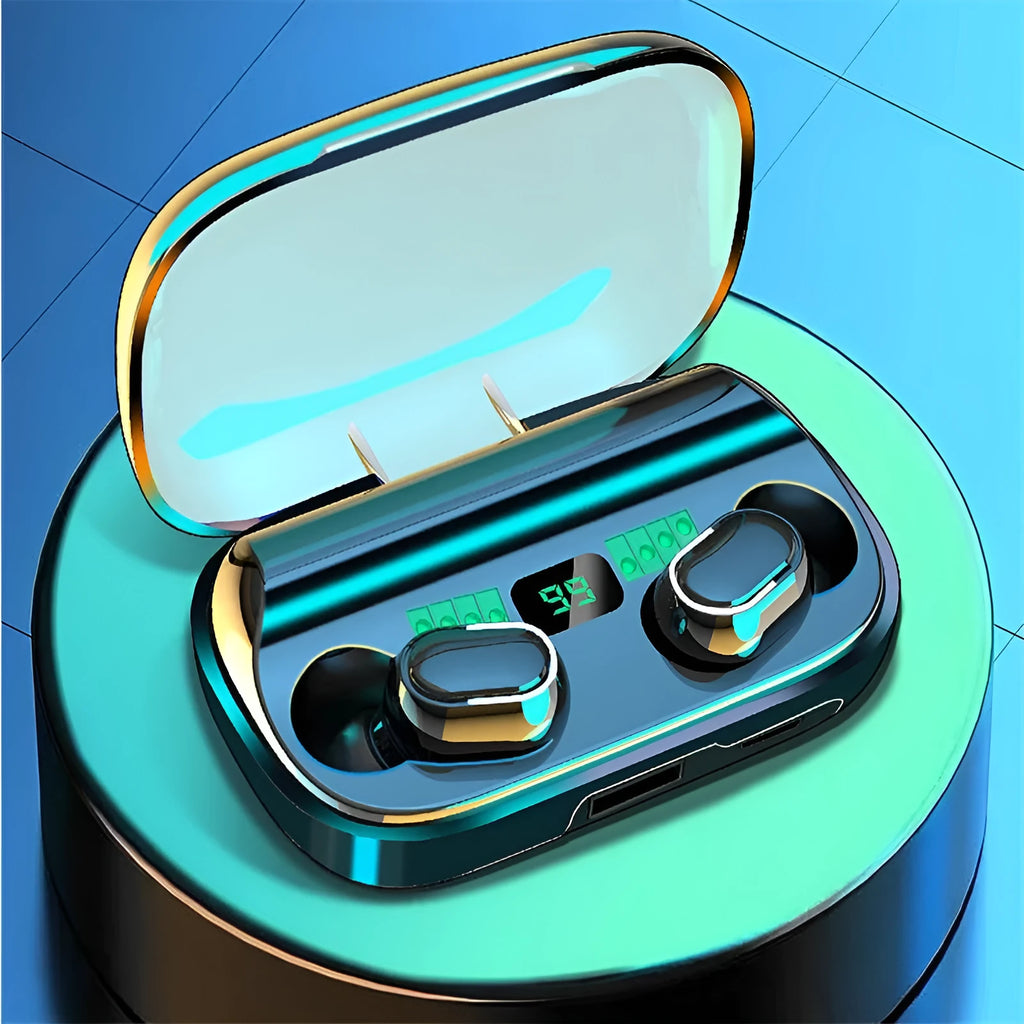 Black TWS XT01 Bluetooth earphones with charging case showing white and blue indicator lights.
