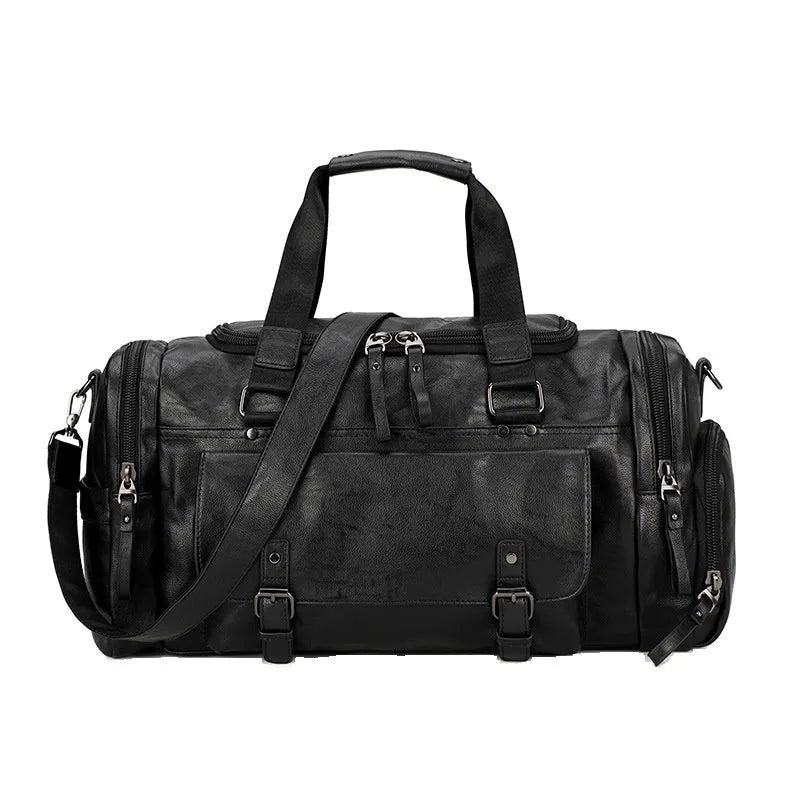 Large black PU travel bag with a separate shoe compartment, shown with dimensions 52cm by 19cm by 27cm.
