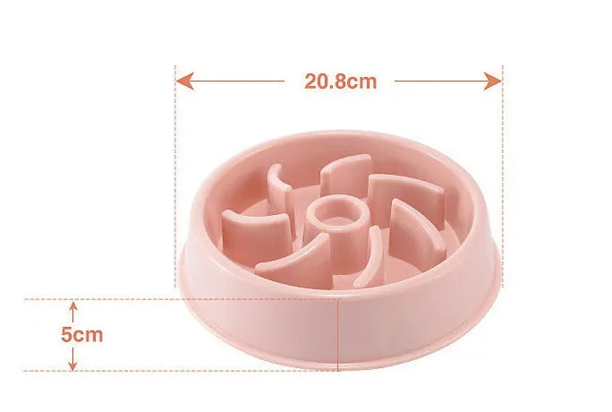 Plastic slow food bowl for dogs and cats with flower-shaped internal obstacles, pink colour, choke prevention design.