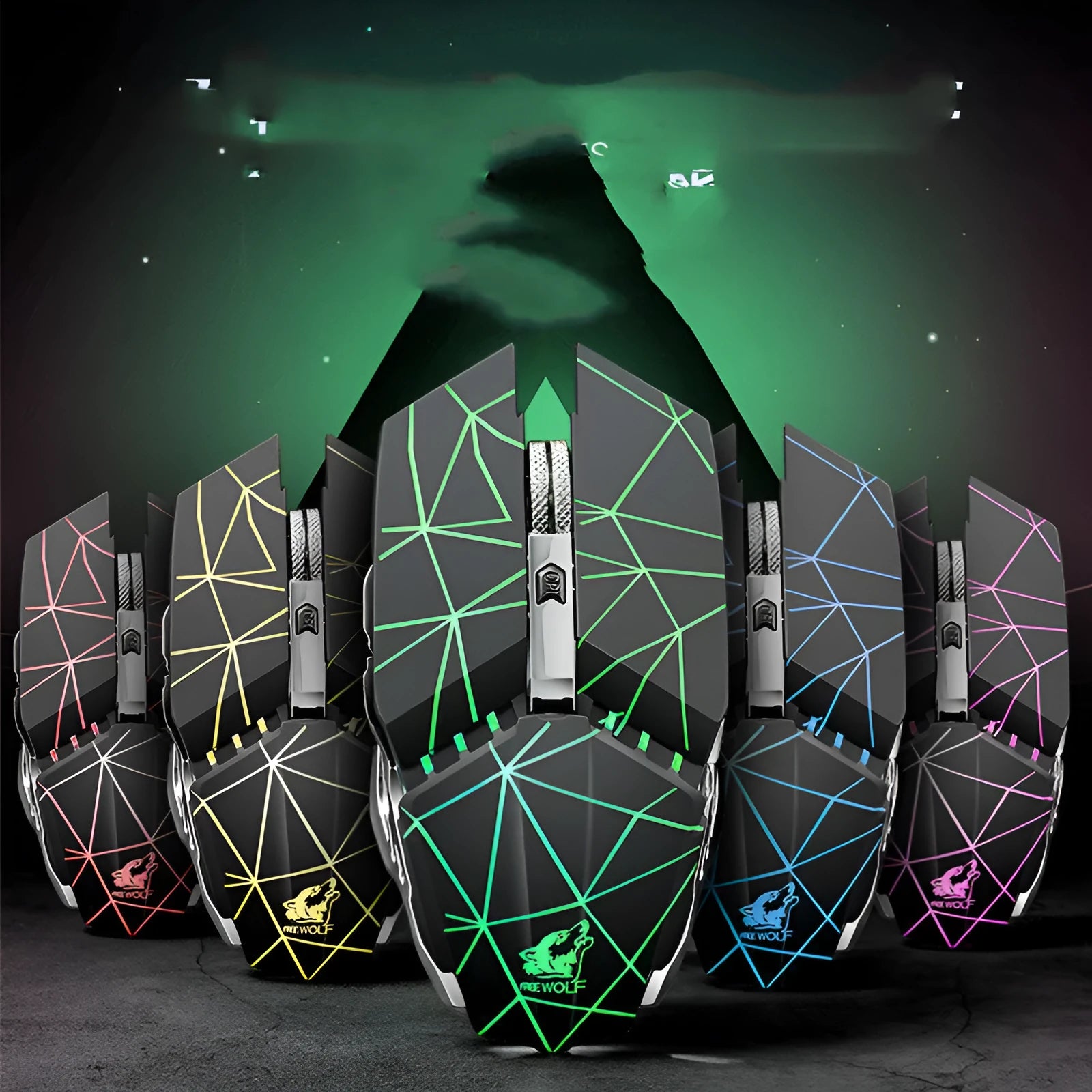 Rechargeable wireless gaming mouse in black colour with six buttons and scroll wheel.