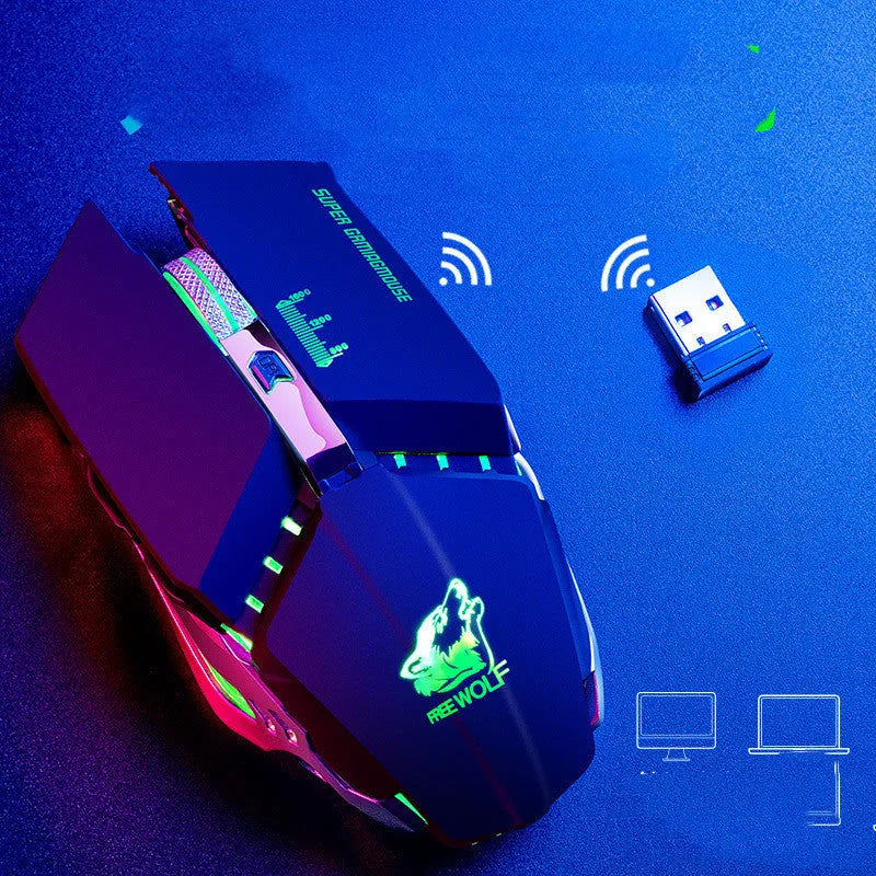 Rechargeable wireless gaming mouse in black colour with six buttons and scroll wheel.