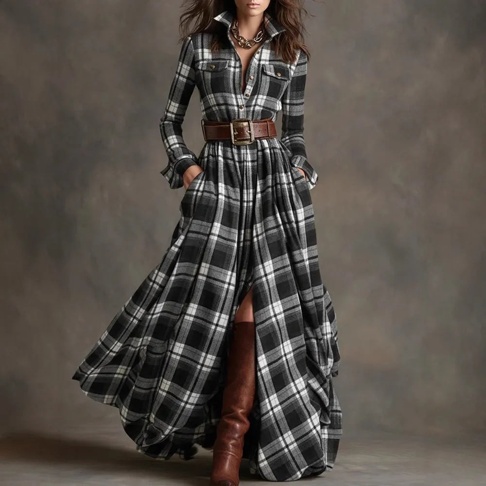 Women's Geometric Plaid Irregular Dress with Stitching Detail Mid Waist Fit Available in S-XXL Black Gray Navy Blue Green Khaki Polyester Fabric