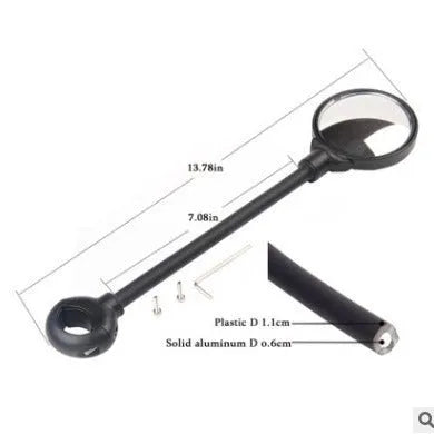 Black metal bicycle rearview mirror with hose adjustment clamp for handlebar mounting