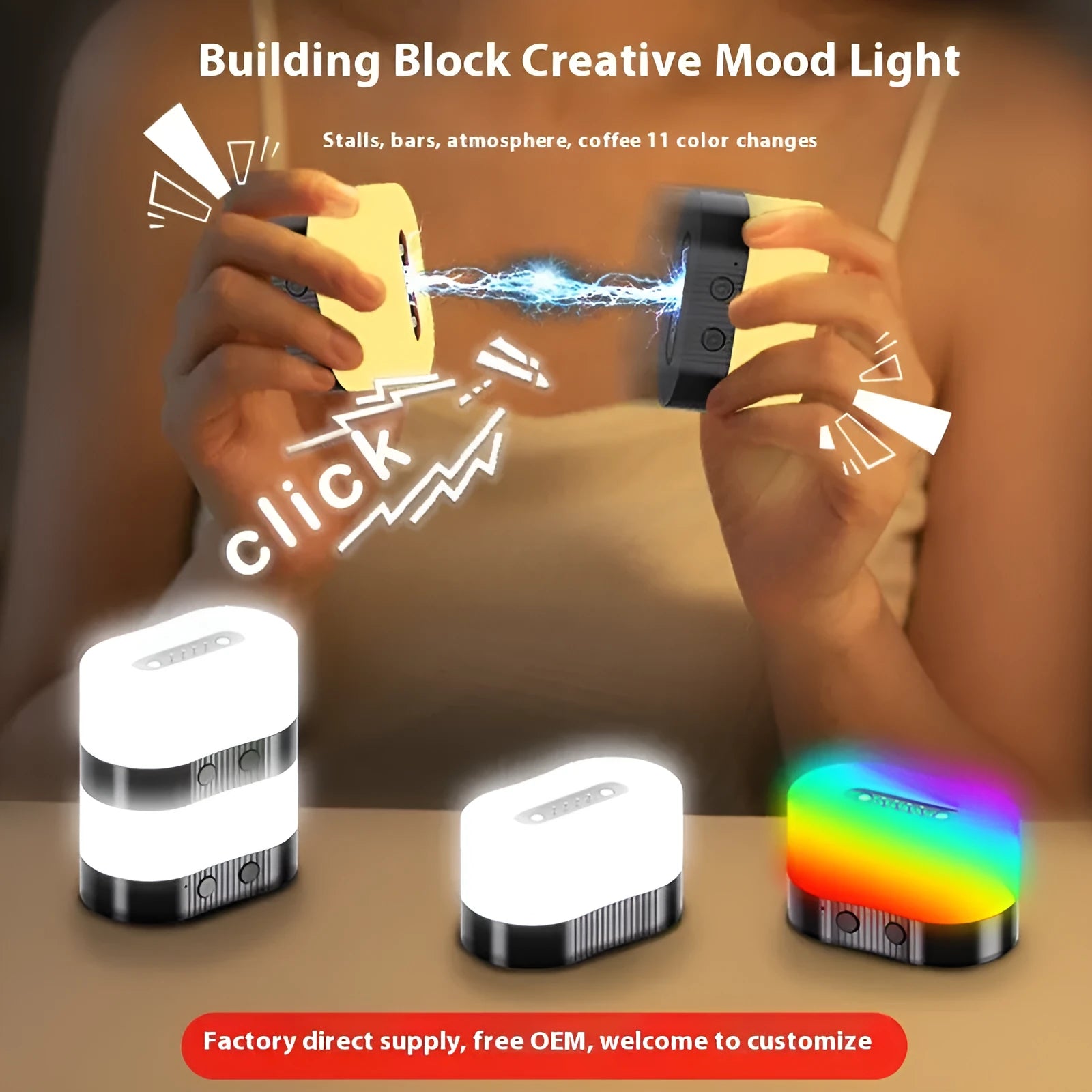 Creative magnetic ambience light rechargeable night light in black geometric plastic 6.8x3.8x4cm