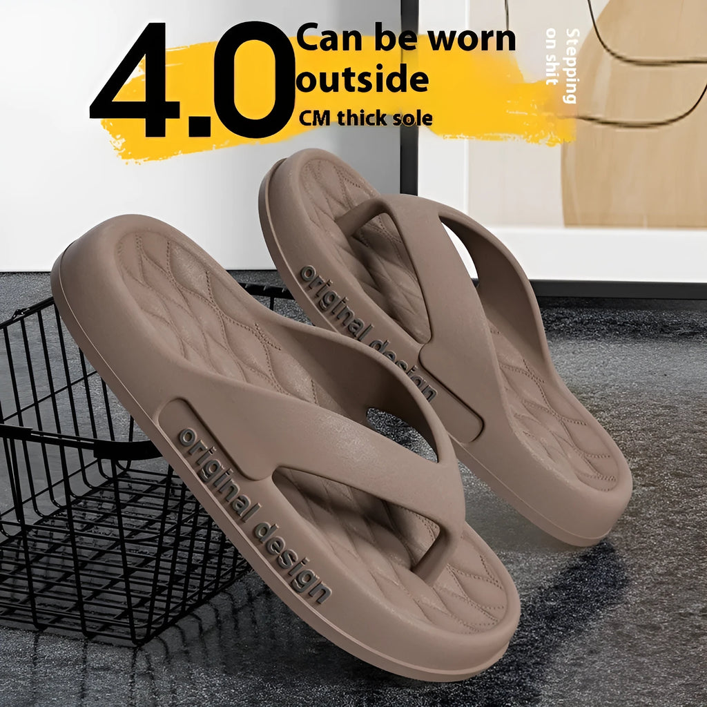 Men's EVA flip flops in various colours on a beach background