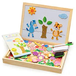 Wooden magnetic puzzle drawing board with animal and circus theme pieces for children