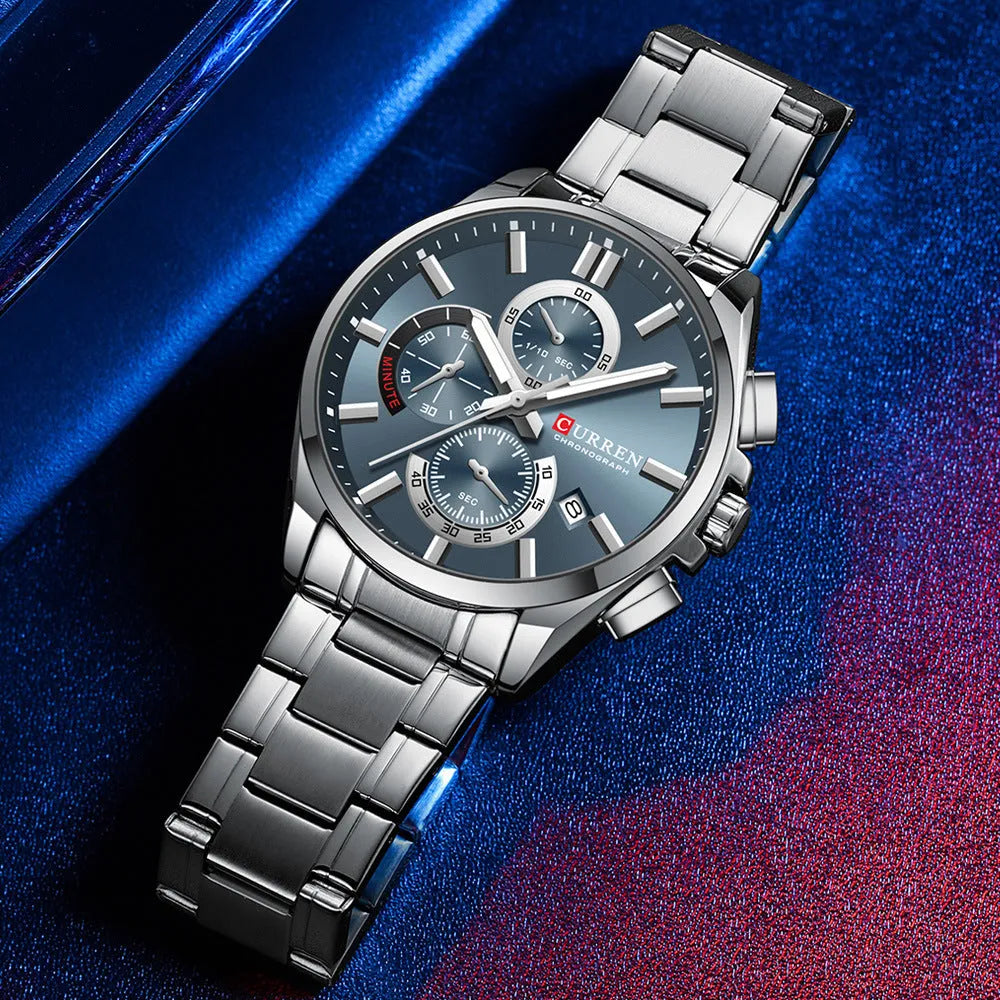 Men's steel strap watch with 4.4cm dial, alloy case, waterproof six-pin timing, and folding buckle