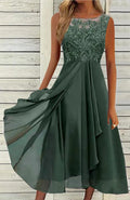 Women's sleeveless green chiffon dress with lace hollow-out detail on a mid-length skirt.