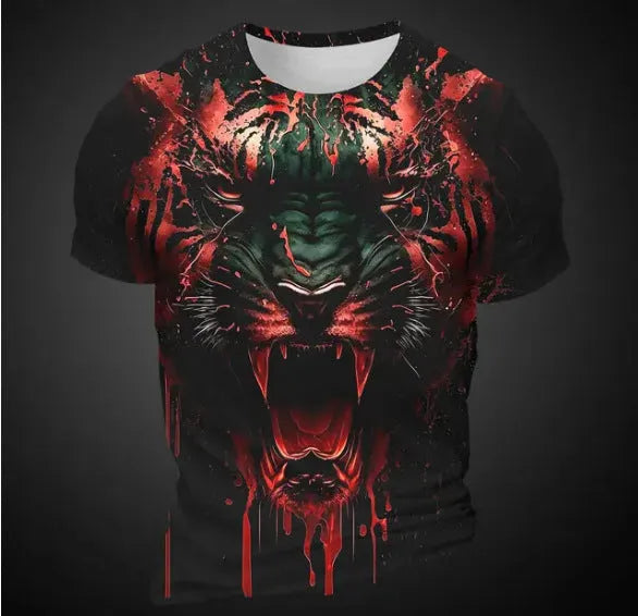 Men's grey T-shirt with a large, detailed 3D tiger head print on the front.
