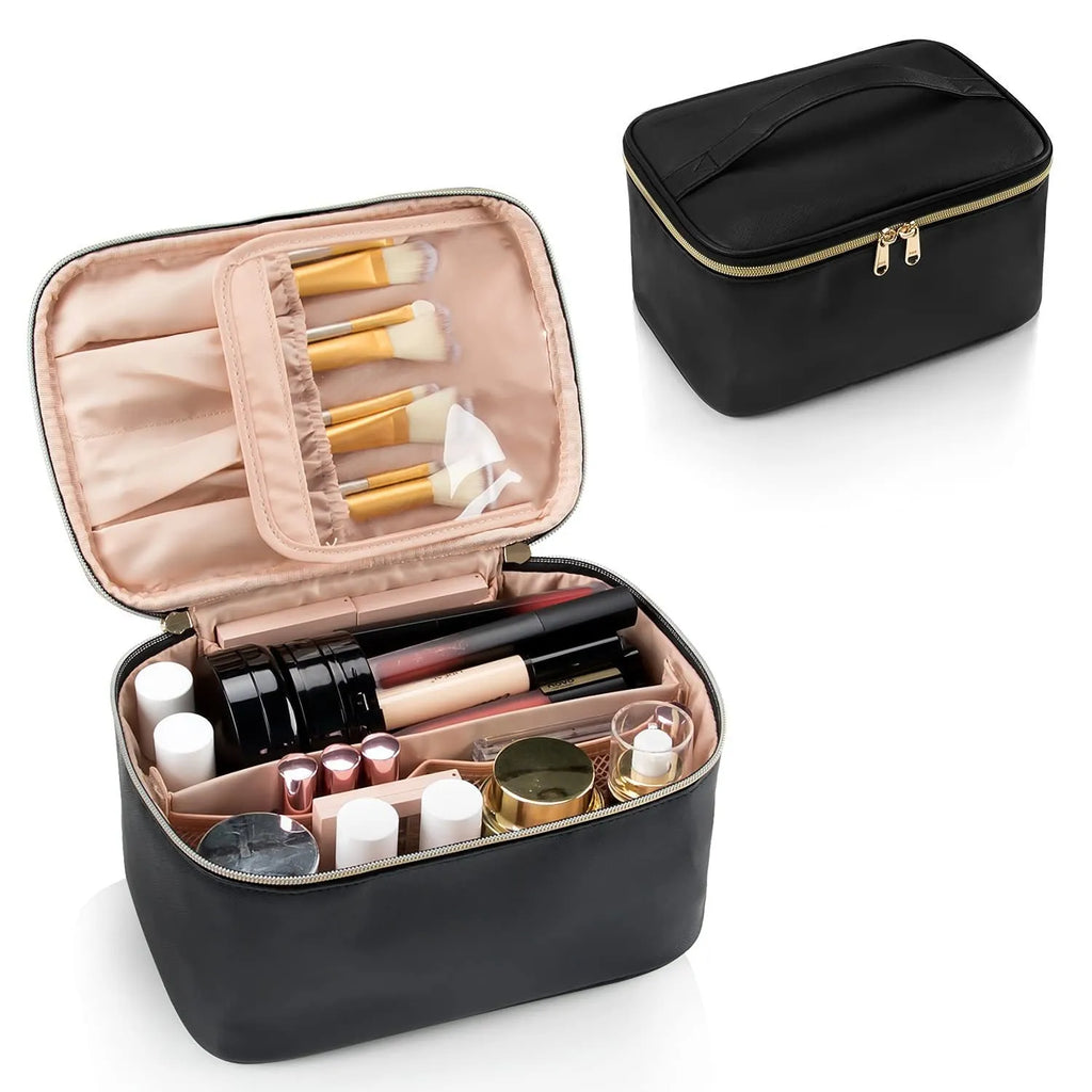 Black large capacity cotton cosmetic bag with handbag handle and nylon lining on plain background
