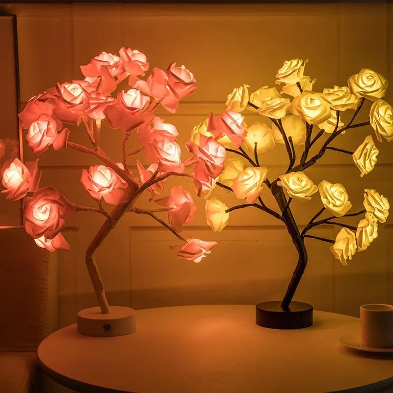 White and red rose flower LED table lamp with bonsai tree design and warm white lights