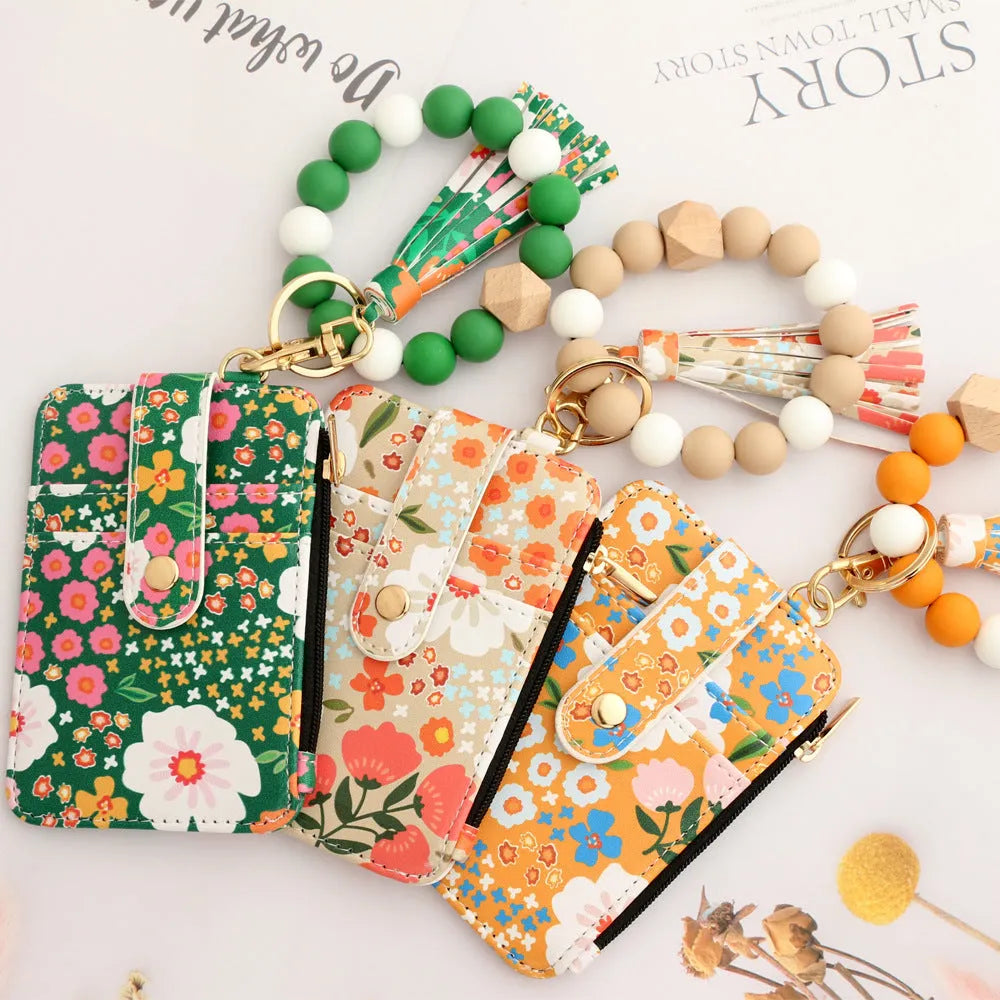 Women's floral print leather card bag in light pink, slim design, nine colour options