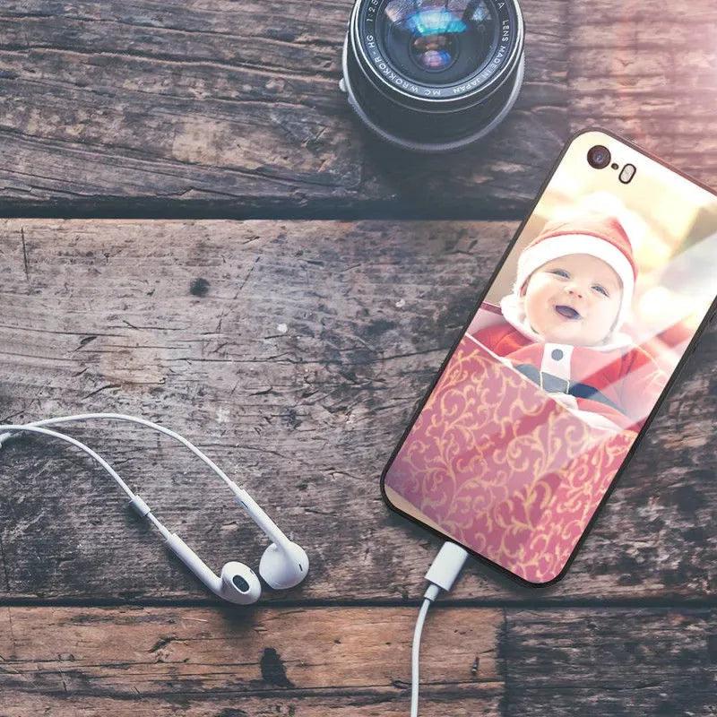 Custom patterned ultra-thin protective case for Apple iPhone models with raised camera and screen edges.