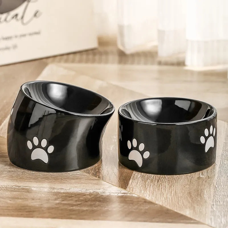 Ceramic cat bowl with neck protection design and cat's paw pattern in selected colour