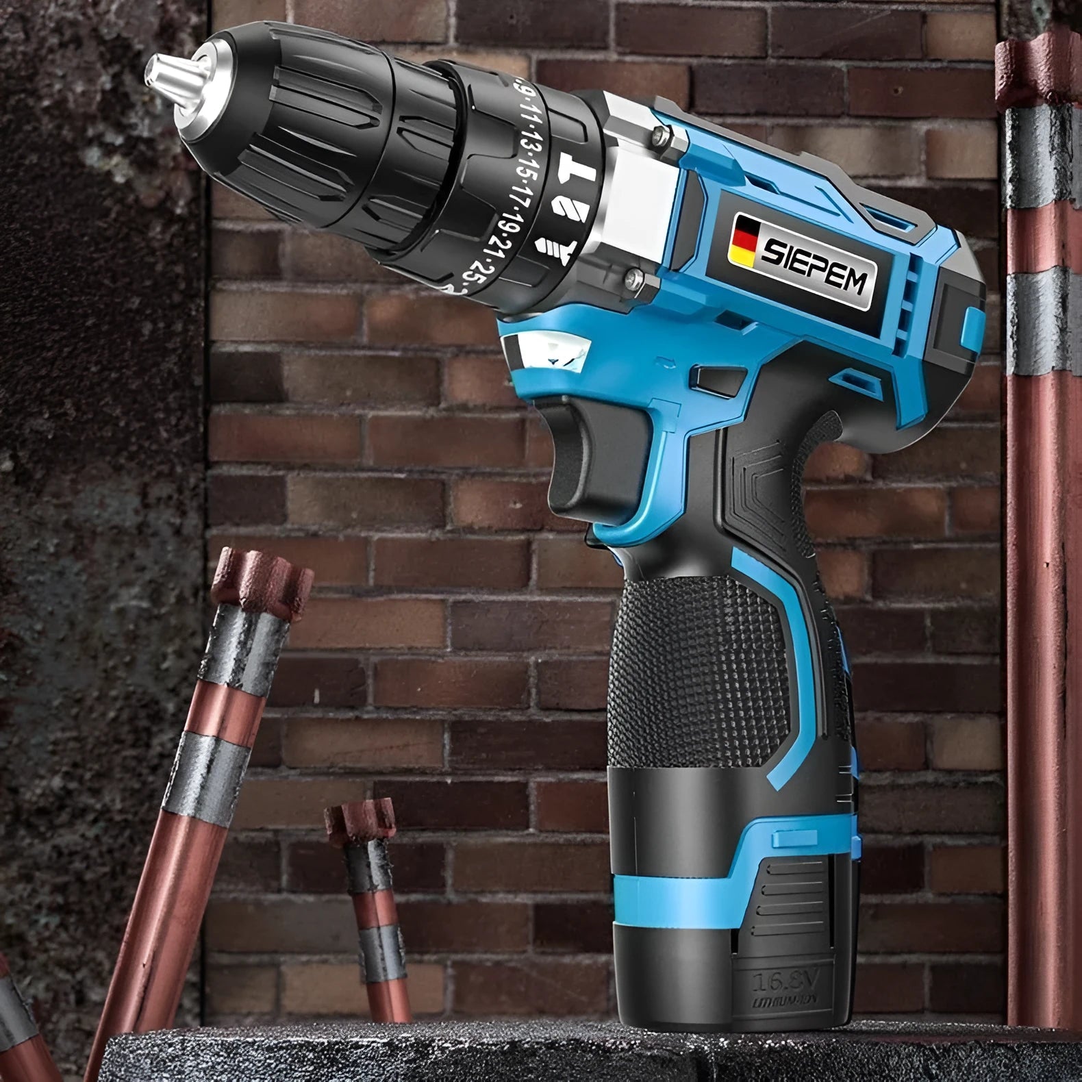 12V cordless impact pistol drill and electric screwdriver set in a box.