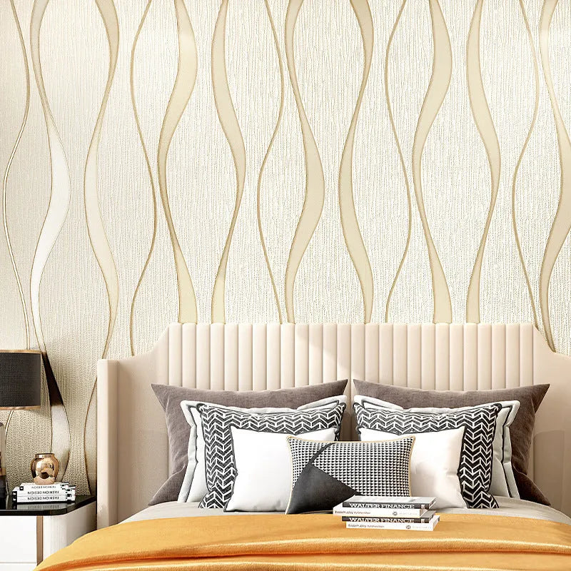 Close-up of light grey 3D curved stripe wallpaper with textured velvet finish.