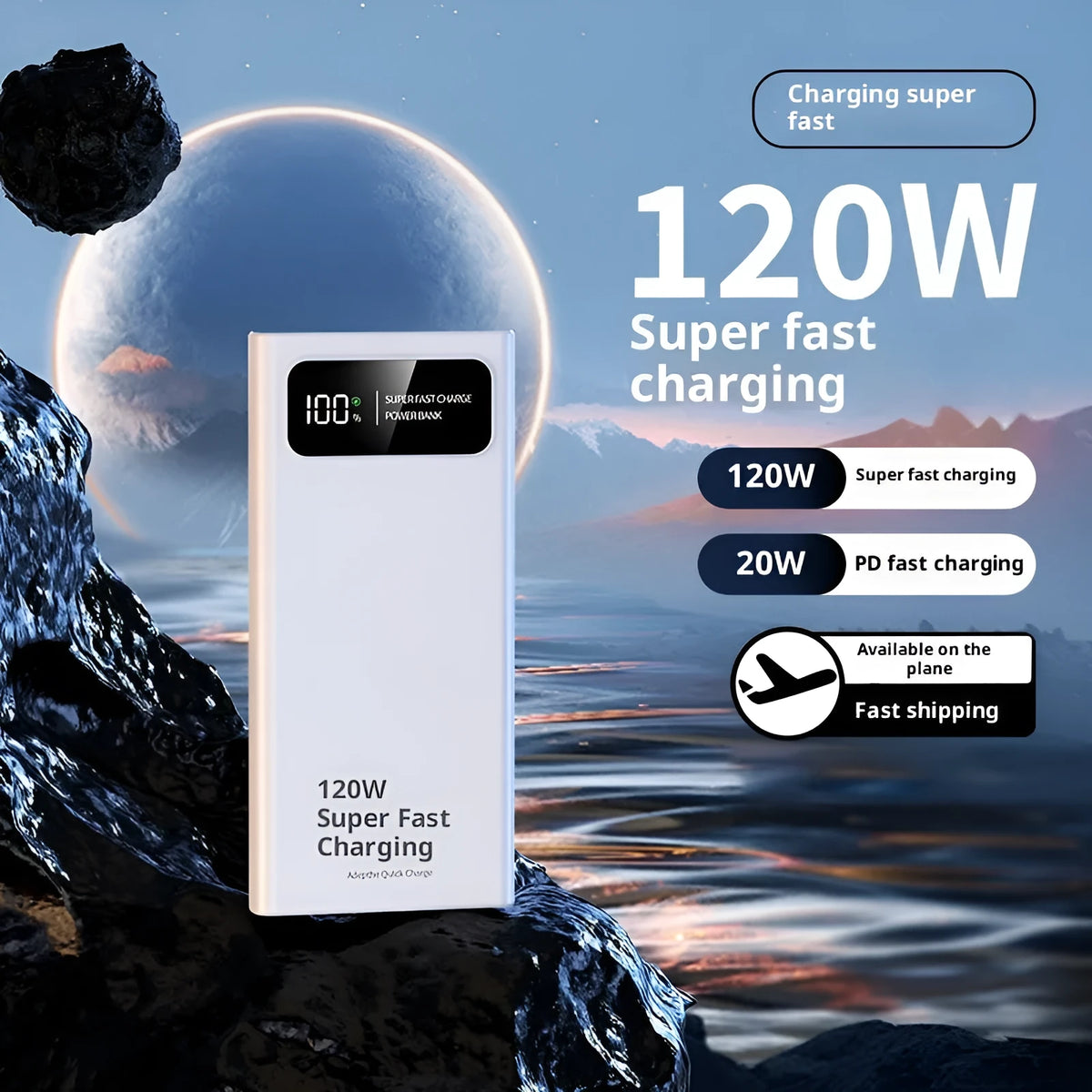 120W fast charging power bank 50000mAh capacity PVC shell 141x66x27mm black or white