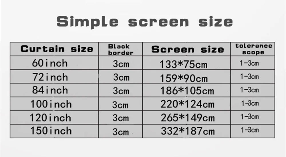 White foldable 16:9 projector screen in 60-150 inch sizes with hooks and 360 x 260mm packing size