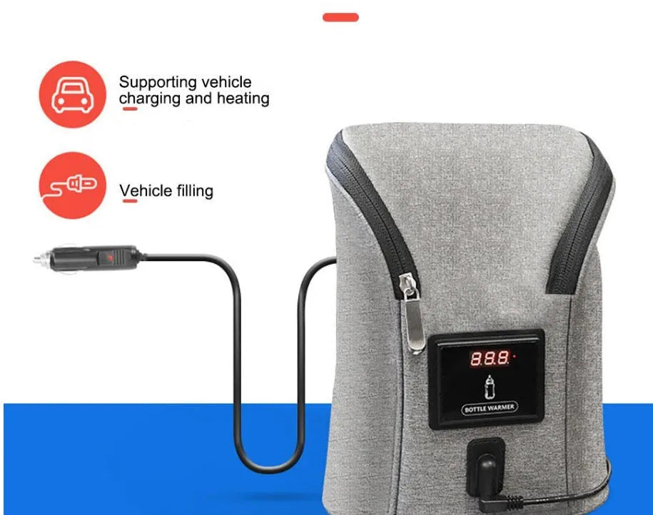 Grey Oxford cloth portable car USB baby bottle warmer with electronic display and car charger.