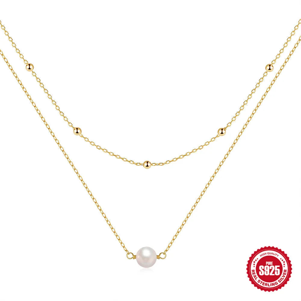 S925 sterling silver double layer twin pearl necklace with diamond treatment pendant