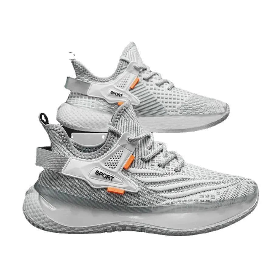 Men's low-top mesh sneaker in light grey with flat rubber sole and front lace-up.