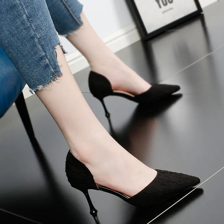 Women's black pointed-toe stiletto high-heel shoes with PU leather upper.