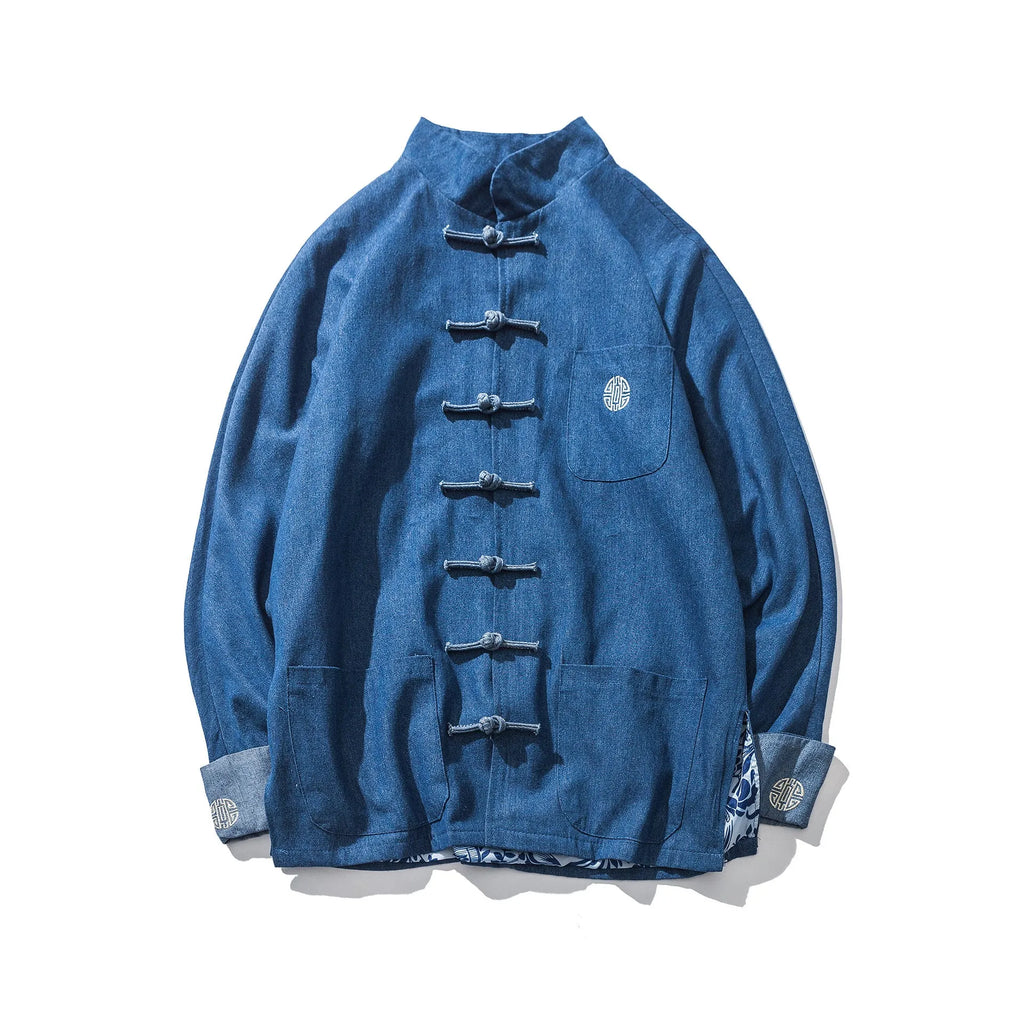 Retro Chinese style hanfu denim jacket top with stand collar and buckle decoration in black, loose fit, long sleeves