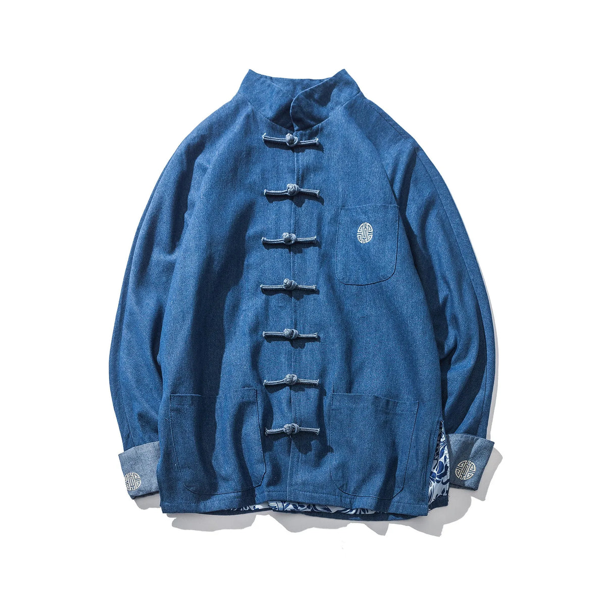 Retro Chinese style hanfu denim jacket top with stand collar and buckle decoration in black, loose fit, long sleeves