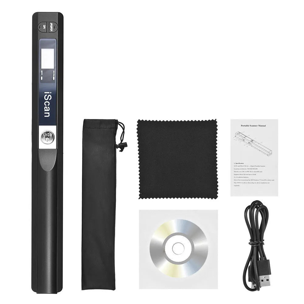 Handheld USB scanner in five colour options: black, blue, green, red, and silver with plastic housing