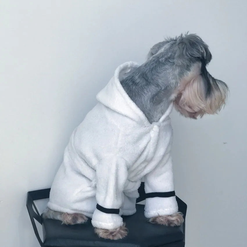 White polyester pet bathrobe robe for dogs and cats on a white background showing front view with tie closure