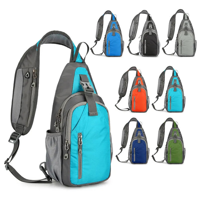Unisex nylon crossbody chest bag in army green colour, shown worn casually.
