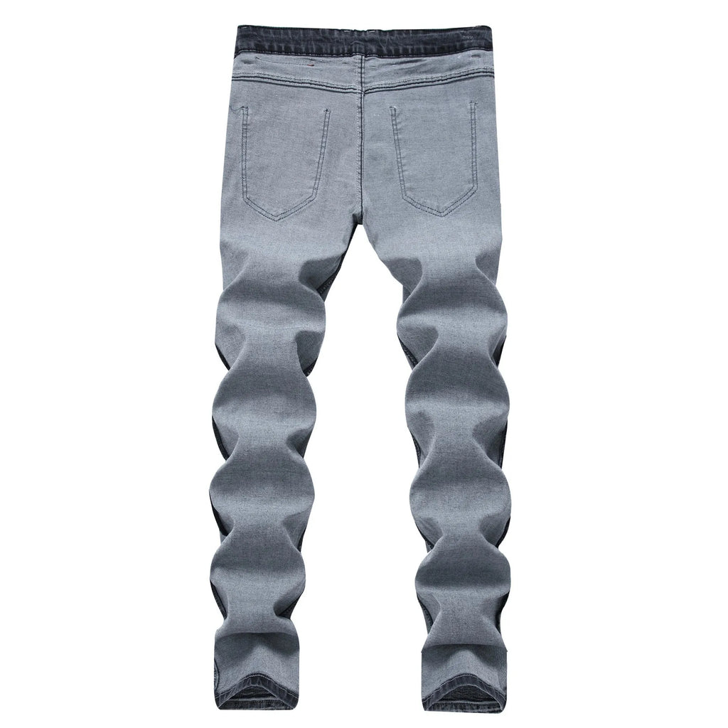 Men's grey slim fit straight leg jeans with mid waist and washed whiskers denim finish