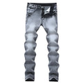 Men's grey slim fit straight leg jeans with mid waist and washed whiskers denim finish
