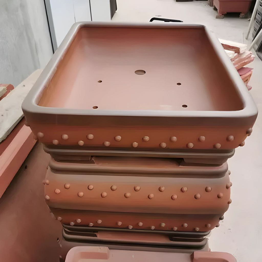 Extra large rectangular purple clay bonsai pot on a wooden desktop, plant included