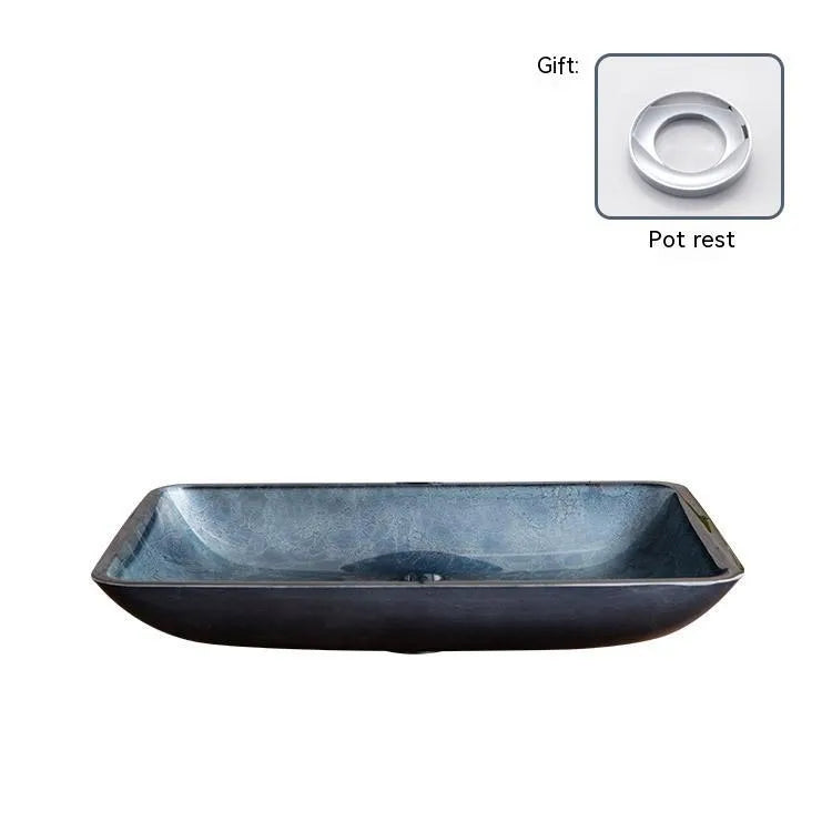 Tempered glass table basin with blue-grey foil colour for bathroom installation