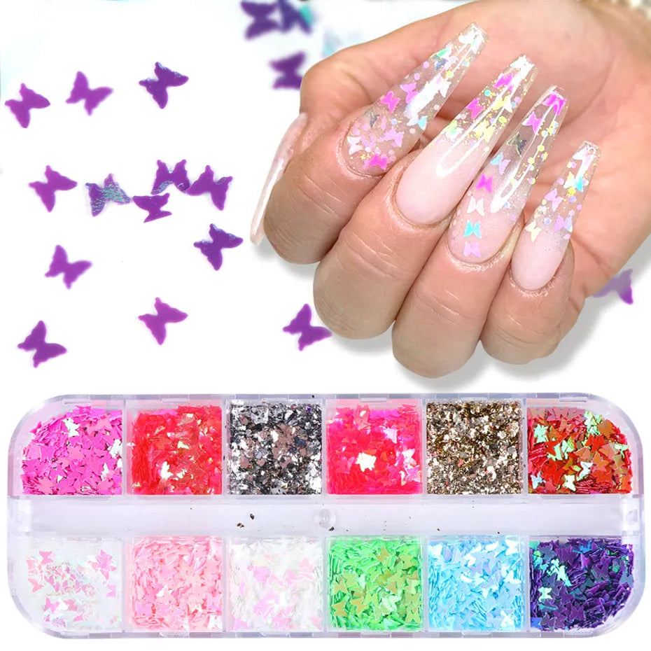 Butterfly sequin nail decoration in a 12 grid case with mixed colour glitter for natural or artificial nails